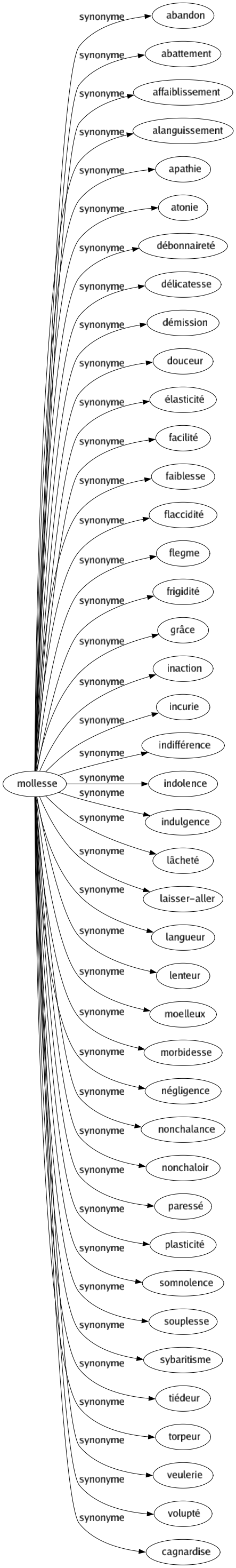 Synonyme de Mollesse : Abandon Abattement Affaiblissement Alanguissement Apathie Atonie Débonnaireté Délicatesse Démission Douceur Élasticité Facilité Faiblesse Flaccidité Flegme Frigidité Grâce Inaction Incurie Indifférence Indolence Indulgence Lâcheté Laisser-aller Langueur Lenteur Moelleux Morbidesse Négligence Nonchalance Nonchaloir Paressé Plasticité Somnolence Souplesse Sybaritisme Tiédeur Torpeur Veulerie Volupté Cagnardise 
