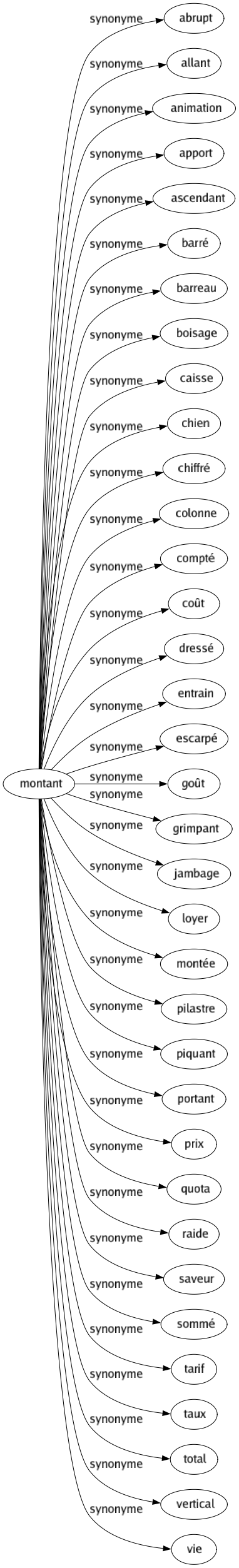 Synonyme de Montant : Abrupt Allant Animation Apport Ascendant Barré Barreau Boisage Caisse Chien Chiffré Colonne Compté Coût Dressé Entrain Escarpé Goût Grimpant Jambage Loyer Montée Pilastre Piquant Portant Prix Quota Raide Saveur Sommé Tarif Taux Total Vertical Vie 