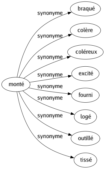 Synonyme de Monté : Braqué Colère Coléreux Excité Fourni Logé Outillé Tissé 