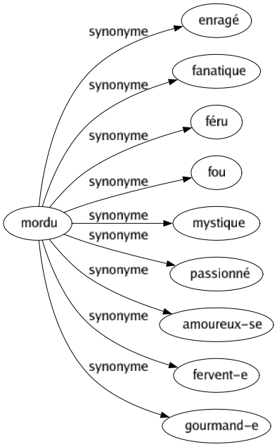 Synonyme de Mordu : Enragé Fanatique Féru Fou Mystique Passionné Amoureux-se Fervent-e Gourmand-e 