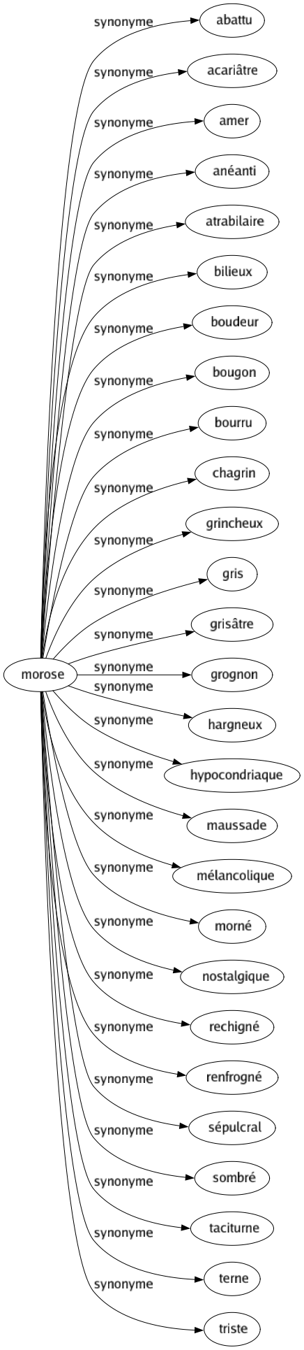 Synonyme de Morose : Abattu Acariâtre Amer Anéanti Atrabilaire Bilieux Boudeur Bougon Bourru Chagrin Grincheux Gris Grisâtre Grognon Hargneux Hypocondriaque Maussade Mélancolique Morné Nostalgique Rechigné Renfrogné Sépulcral Sombré Taciturne Terne Triste 