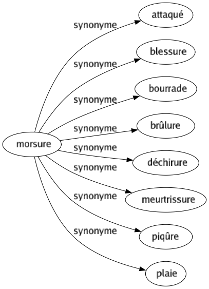 Synonyme de Morsure : Attaqué Blessure Bourrade Brûlure Déchirure Meurtrissure Piqûre Plaie 