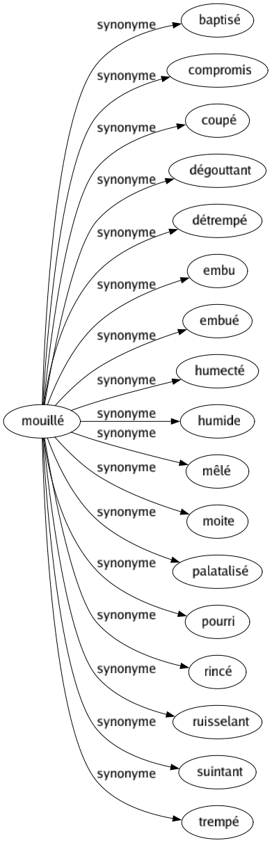 Synonyme de Mouillé : Baptisé Compromis Coupé Dégouttant Détrempé Embu Embué Humecté Humide Mêlé Moite Palatalisé Pourri Rincé Ruisselant Suintant Trempé 