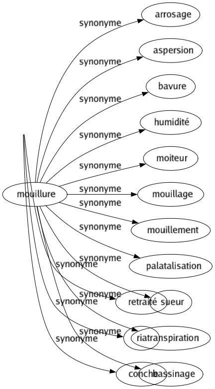 Synonyme de Mouillure : Arrosage Aspersion Bavure Humidité Moiteur Mouillage Mouillement Palatalisation Sueur Transpiration Bassinage 