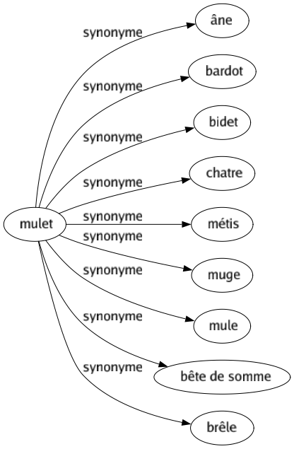 Synonyme de Mulet : Âne Bardot Bidet Chatre Métis Muge Mule Bête de somme Brêle 