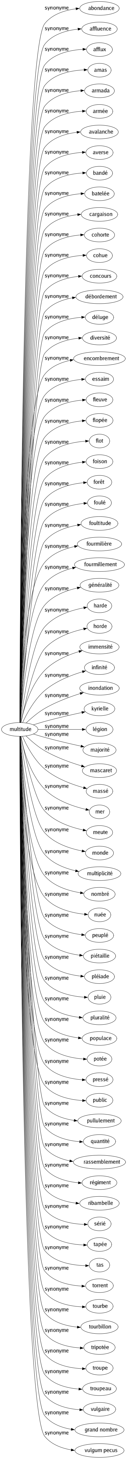 Synonyme de Multitude : Abondance Affluence Afflux Amas Armada Armée Avalanche Averse Bandé Batelée Cargaison Cohorte Cohue Concours Débordement Déluge Diversité Encombrement Essaim Fleuve Flopée Flot Foison Forêt Foulé Foultitude Fourmilière Fourmillement Généralité Harde Horde Immensité Infinité Inondation Kyrielle Légion Majorité Mascaret Massé Mer Meute Monde Multiplicité Nombré Nuée Peuplé Piétaille Pléiade Pluie Pluralité Populace Potée Pressé Public Pullulement Quantité Rassemblement Régiment Ribambelle Sérié Tapée Tas Torrent Tourbe Tourbillon Tripotée Troupe Troupeau Vulgaire Grand nombre Vulgum pecus 