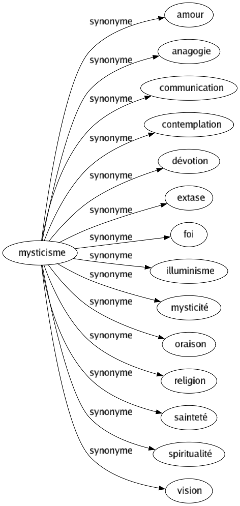 Synonyme de Mysticisme : Amour Anagogie Communication Contemplation Dévotion Extase Foi Illuminisme Mysticité Oraison Religion Sainteté Spiritualité Vision 