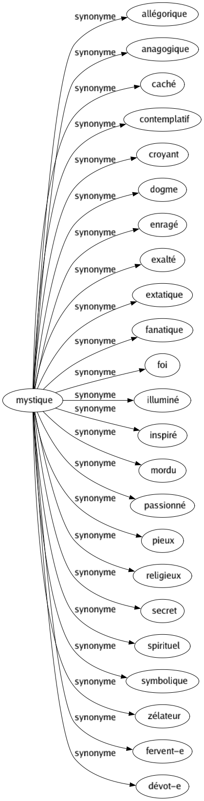 Synonyme de Mystique : Allégorique Anagogique Caché Contemplatif Croyant Dogme Enragé Exalté Extatique Fanatique Foi Illuminé Inspiré Mordu Passionné Pieux Religieux Secret Spirituel Symbolique Zélateur Fervent-e Dévot-e 