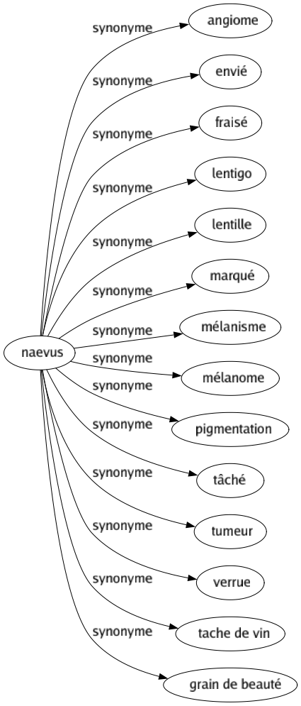 Synonyme de Naevus : Angiome Envié Fraisé Lentigo Lentille Marqué Mélanisme Mélanome Pigmentation Tâché Tumeur Verrue Tache de vin Grain de beauté 