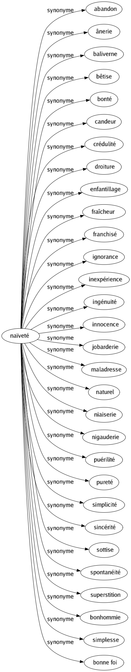 Synonyme de Naïveté : Abandon Ânerie Baliverne Bêtise Bonté Candeur Crédulité Droiture Enfantillage Fraîcheur Franchisé Ignorance Inexpérience Ingénuité Innocence Jobarderie Maladresse Naturel Niaiserie Nigauderie Puérilité Pureté Simplicité Sincérité Sottise Spontanéité Superstition Bonhommie Simplesse Bonne foi 