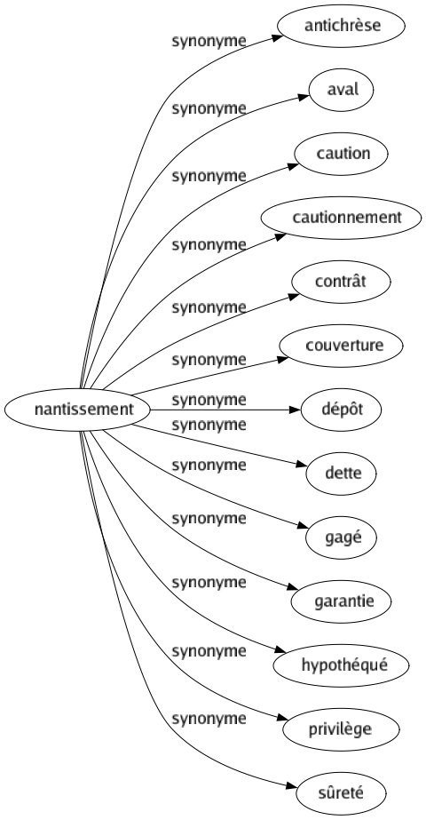 Synonyme de Nantissement : Antichrèse Aval Caution Cautionnement Contrât Couverture Dépôt Dette Gagé Garantie Hypothéqué Privilège Sûreté 
