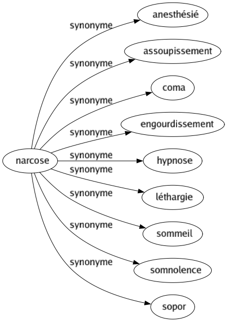 Synonyme de Narcose : Anesthésié Assoupissement Coma Engourdissement Hypnose Léthargie Sommeil Somnolence Sopor 