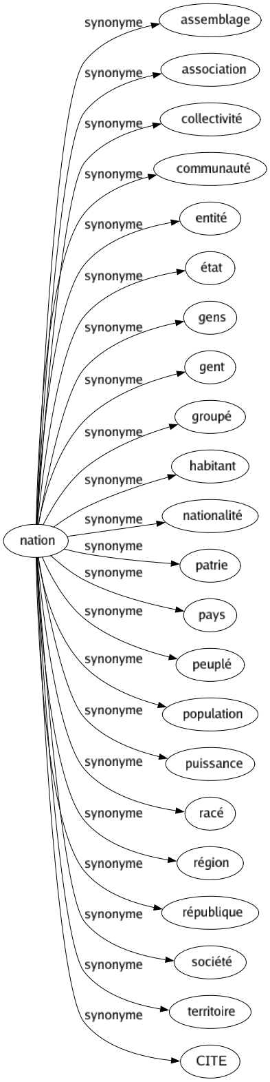 Synonyme de Nation : Assemblage Association Collectivité Communauté Entité État Gens Gent Groupé Habitant Nationalité Patrie Pays Peuplé Population Puissance Racé Région République Société Territoire Cite 