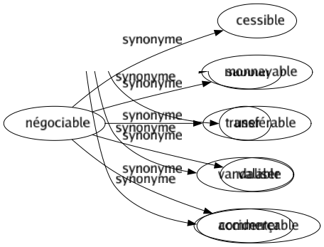 Synonyme de Négociable : Cessible Monnayable Transférable Valable Commerçable 