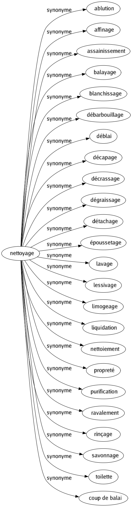 Synonyme de Nettoyage : Ablution Affinage Assainissement Balayage Blanchissage Débarbouillage Déblai Décapage Décrassage Dégraissage Détachage Époussetage Lavage Lessivage Limogeage Liquidation Nettoiement Propreté Purification Ravalement Rinçage Savonnage Toilette Coup de balai 