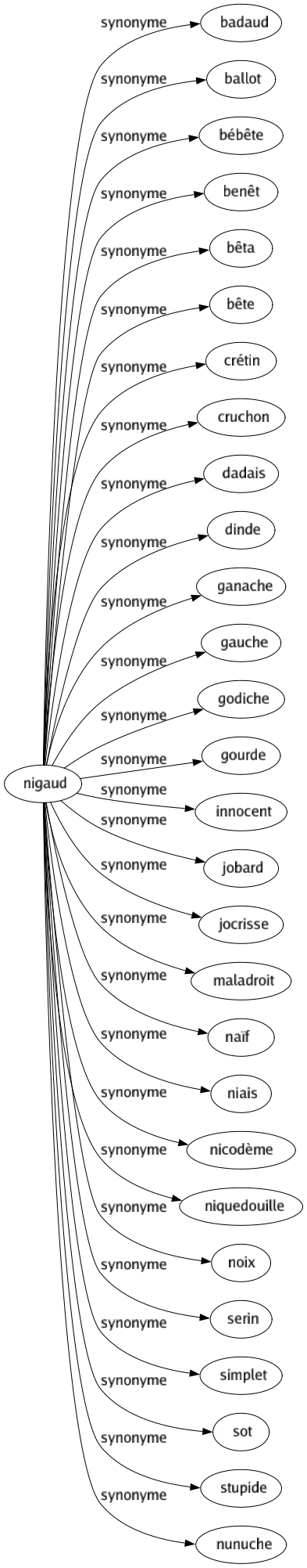 Synonyme de Nigaud : Badaud Ballot Bébête Benêt Bêta Bête Crétin Cruchon Dadais Dinde Ganache Gauche Godiche Gourde Innocent Jobard Jocrisse Maladroit Naïf Niais Nicodème Niquedouille Noix Serin Simplet Sot Stupide Nunuche 