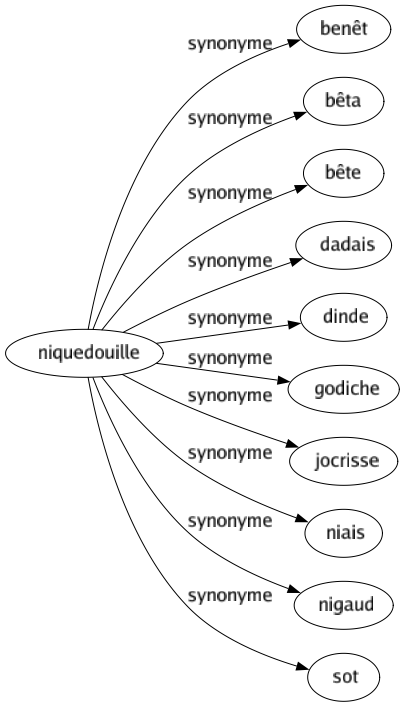 Synonyme de Niquedouille : Benêt Bêta Bête Dadais Dinde Godiche Jocrisse Niais Nigaud Sot 