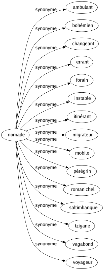 Synonyme de Nomade : Ambulant Bohémien Changeant Errant Forain Instable Itinérant Migrateur Mobile Pérégrin Romanichel Saltimbanque Tzigane Vagabond Voyageur 