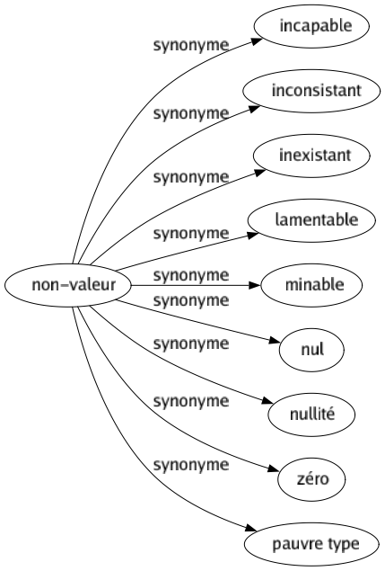 Synonyme de Non-valeur : Incapable Inconsistant Inexistant Lamentable Minable Nul Nullité Zéro Pauvre type 