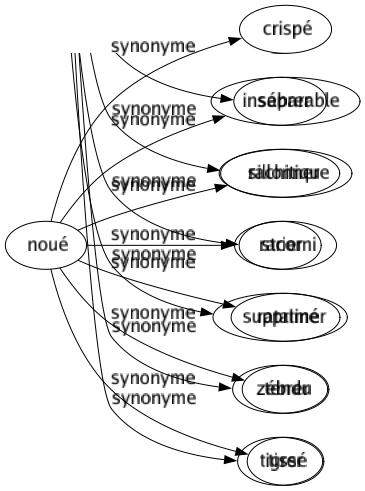 Synonyme de Noué : Crispé Inséparable Rachitique Racorni Ratatiné Tendu Tissé 