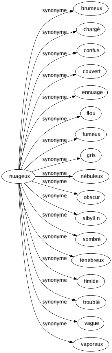 Synonyme de Nuageux : Brumeux Chargé Confus Couvert Ennuage Flou Fumeux Gris Nébuleux Obscur Sibyllin Sombré Ténébreux Timide Troublé Vague Vaporeux 