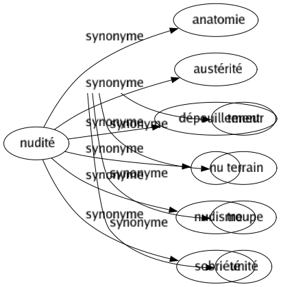 Synonyme de Nudité : Anatomie Austérité Dépouillement Nu Nudisme Sobriété 