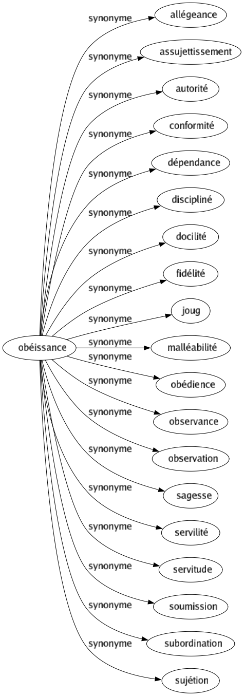 Synonyme de Obéissance : Allégeance Assujettissement Autorité Conformité Dépendance Discipliné Docilité Fidélité Joug Malléabilité Obédience Observance Observation Sagesse Servilité Servitude Soumission Subordination Sujétion 