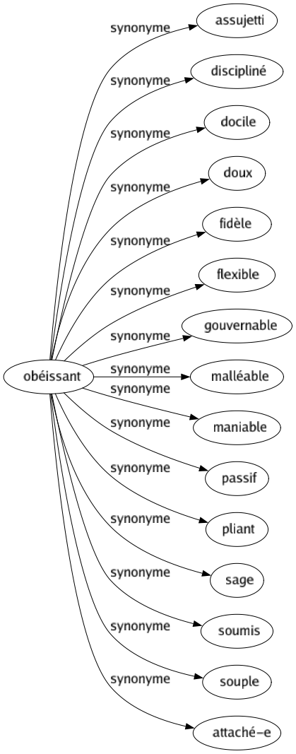 Synonyme de Obéissant : Assujetti Discipliné Docile Doux Fidèle Flexible Gouvernable Malléable Maniable Passif Pliant Sage Soumis Souple Attaché-e 