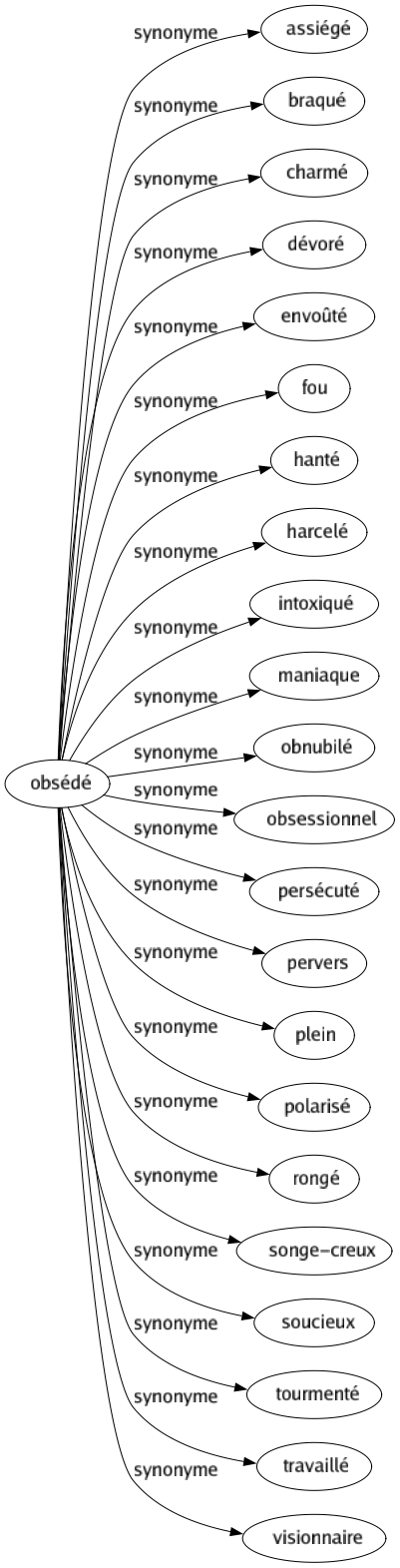 Synonyme de Obsédé : Assiégé Braqué Charmé Dévoré Envoûté Fou Hanté Harcelé Intoxiqué Maniaque Obnubilé Obsessionnel Persécuté Pervers Plein Polarisé Rongé Songe-creux Soucieux Tourmenté Travaillé Visionnaire 