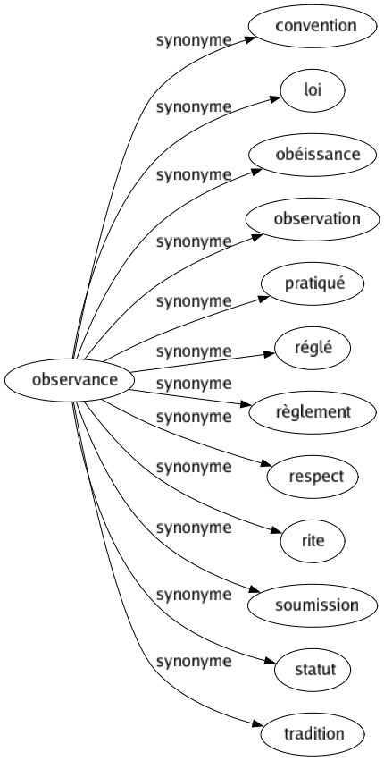 Synonyme de Observance : Convention Loi Obéissance Observation Pratiqué Réglé Règlement Respect Rite Soumission Statut Tradition 