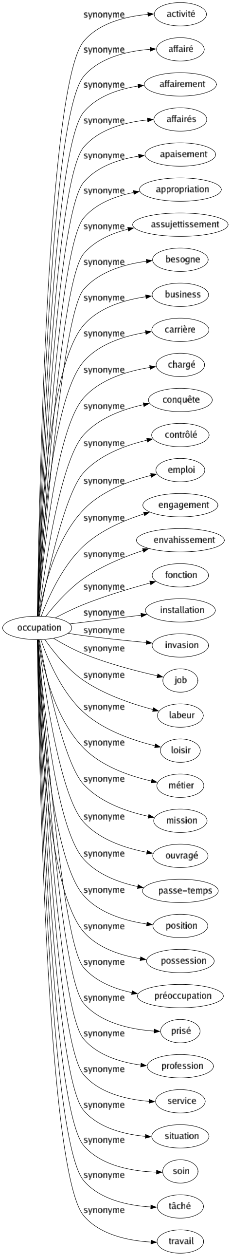 Synonyme de Occupation : Activité Affairé Affairement Affairés Apaisement Appropriation Assujettissement Besogne Business Carrière Chargé Conquête Contrôlé Emploi Engagement Envahissement Fonction Installation Invasion Job Labeur Loisir Métier Mission Ouvragé Passe-temps Position Possession Préoccupation Prisé Profession Service Situation Soin Tâché Travail 