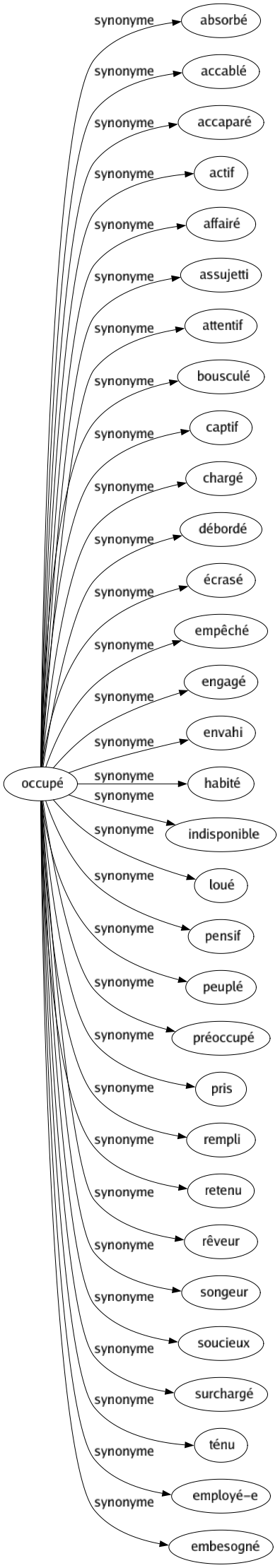 Synonyme de Occupé : Absorbé Accablé Accaparé Actif Affairé Assujetti Attentif Bousculé Captif Chargé Débordé Écrasé Empêché Engagé Envahi Habité Indisponible Loué Pensif Peuplé Préoccupé Pris Rempli Retenu Rêveur Songeur Soucieux Surchargé Ténu Employé-e Embesogné 
