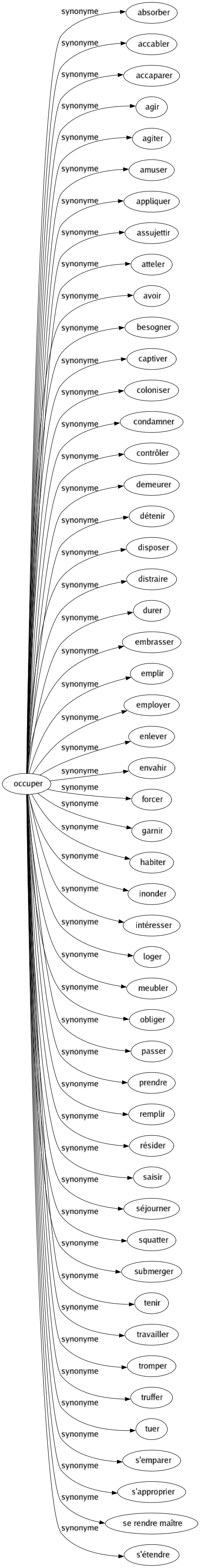 Synonyme de Occuper : Absorber Accabler Accaparer Agir Agiter Amuser Appliquer Assujettir Atteler Avoir Besogner Captiver Coloniser Condamner Contrôler Demeurer Détenir Disposer Distraire Durer Embrasser Emplir Employer Enlever Envahir Forcer Garnir Habiter Inonder Intéresser Loger Meubler Obliger Passer Prendre Remplir Résider Saisir Séjourner Squatter Submerger Tenir Travailler Tromper Truffer Tuer S'emparer S'approprier Se rendre maître S'étendre 