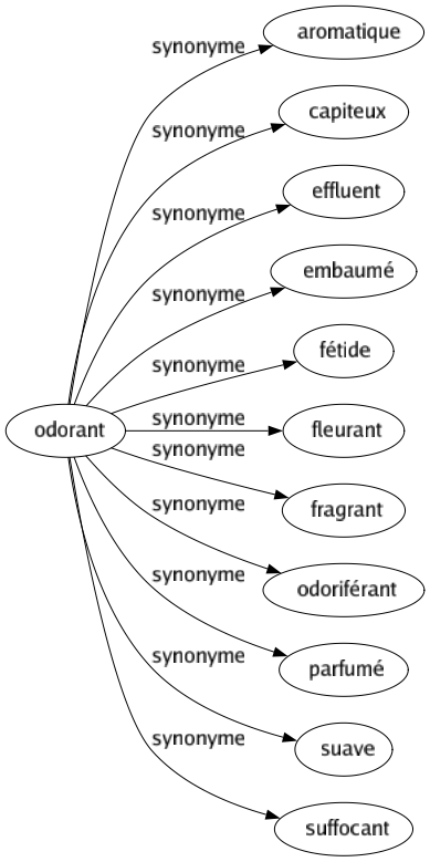Synonyme de Odorant : Aromatique Capiteux Effluent Embaumé Fétide Fleurant Fragrant Odoriférant Parfumé Suave Suffocant 