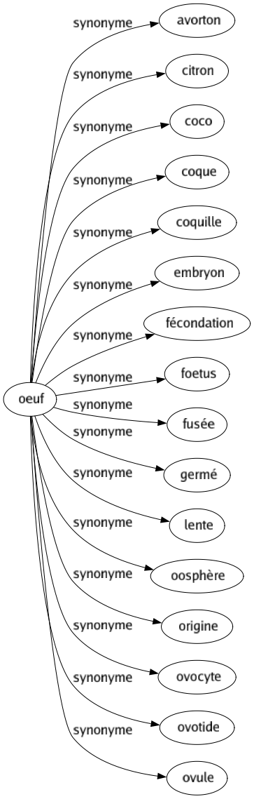 Synonyme de Oeuf : Avorton Citron Coco Coque Coquille Embryon Fécondation Foetus Fusée Germé Lente Oosphère Origine Ovocyte Ovotide Ovule 