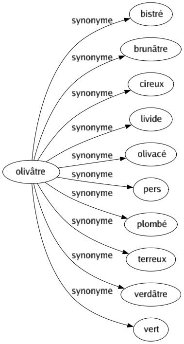 Synonyme de Olivâtre : Bistré Brunâtre Cireux Livide Olivacé Pers Plombé Terreux Verdâtre Vert 