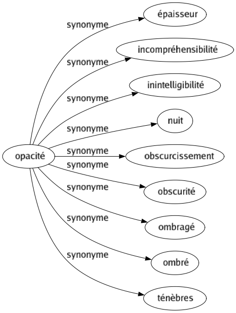 Synonyme de Opacité : Épaisseur Incompréhensibilité Inintelligibilité Nuit Obscurcissement Obscurité Ombragé Ombré Ténèbres 