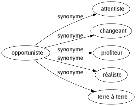 Synonyme de Opportuniste : Attentiste Changeant Profiteur Réaliste Terre à terre 