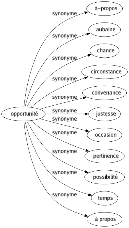 Synonyme de Opportunité : À-propos Aubaine Chance Circonstance Convenance Justesse Occasion Pertinence Possibilité Temps À propos 