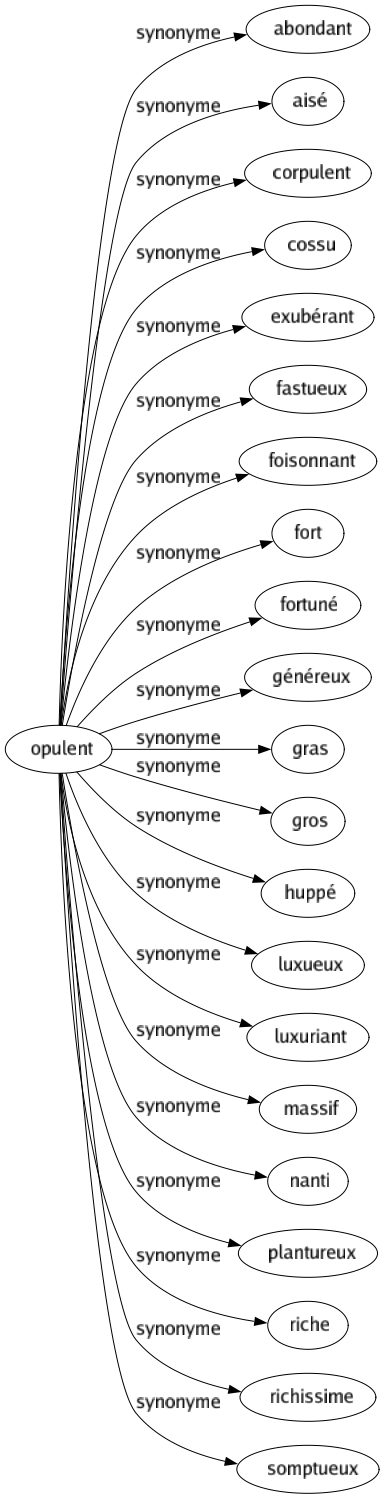 Synonyme de Opulent : Abondant Aisé Corpulent Cossu Exubérant Fastueux Foisonnant Fort Fortuné Généreux Gras Gros Huppé Luxueux Luxuriant Massif Nanti Plantureux Riche Richissime Somptueux 