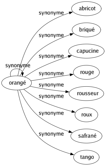 Synonyme de Orangé : Abricot Briqué Capucine Orangé Rouge Rousseur Roux Safrané Tango 