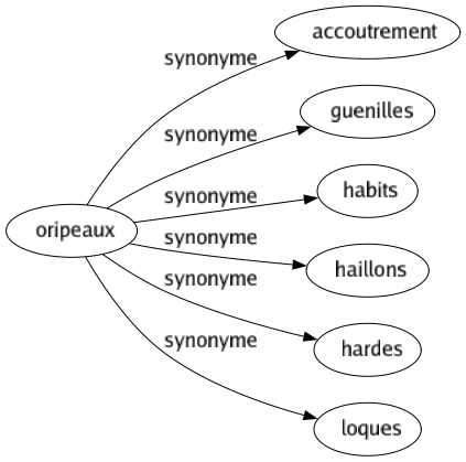 Synonyme de Oripeaux : Accoutrement Guenilles Habits Haillons Hardes Loques 