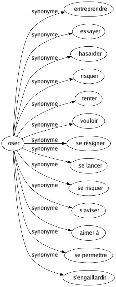 Synonyme de Oser : Entreprendre Essayer Hasarder Risquer Tenter Vouloir Se résigner Se lancer Se risquer S'aviser Aimer à Se permettre S'engaillardir 
