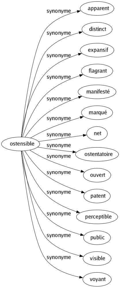 Synonyme de Ostensible : Apparent Distinct Expansif Flagrant Manifesté Marqué Net Ostentatoire Ouvert Patent Perceptible Public Visible Voyant 