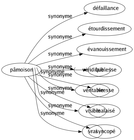 Synonyme de Pâmoison : Défaillance Étourdissement Évanouissement Faiblesse Ivresse Malaisé Syncopé 