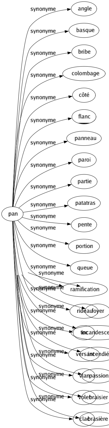 Synonyme de Pan : Angle Basque Bribe Colombage Côté Flanc Panneau Paroi Partie Patatras Pente Portion Queue Ramification Rideau Toc Versant Vlan Volet Clac 