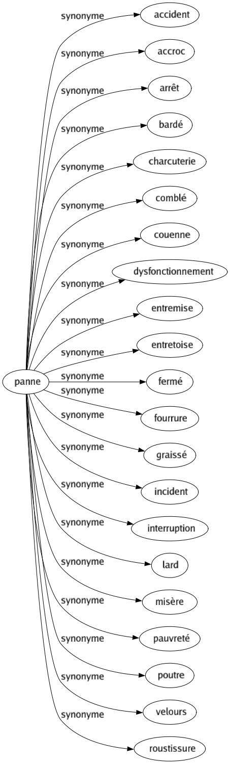 Synonyme de Panne : Accident Accroc Arrêt Bardé Charcuterie Comblé Couenne Dysfonctionnement Entremise Entretoise Fermé Fourrure Graissé Incident Interruption Lard Misère Pauvreté Poutre Velours Roustissure 