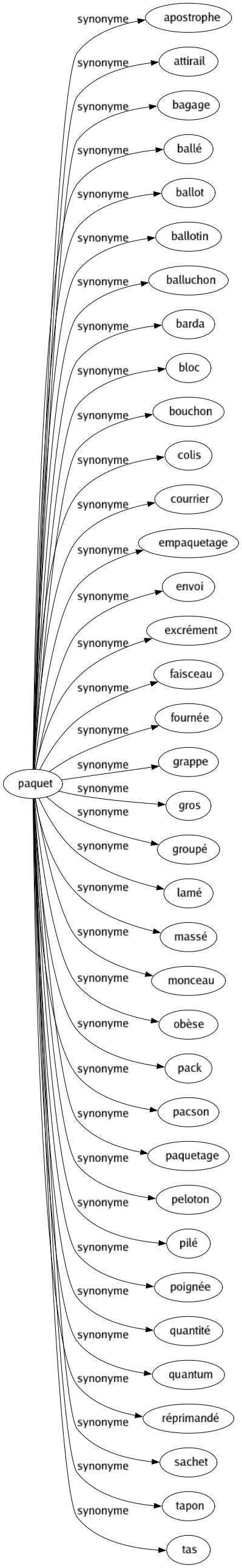 Synonyme de Paquet : Apostrophe Attirail Bagage Ballé Ballot Ballotin Balluchon Barda Bloc Bouchon Colis Courrier Empaquetage Envoi Excrément Faisceau Fournée Grappe Gros Groupé Lamé Massé Monceau Obèse Pack Pacson Paquetage Peloton Pilé Poignée Quantité Quantum Réprimandé Sachet Tapon Tas 