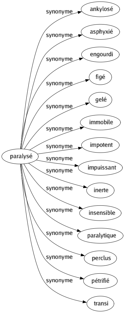 Synonyme de Paralysé : Ankylosé Asphyxié Engourdi Figé Gelé Immobile Impotent Impuissant Inerte Insensible Paralytique Perclus Pétrifié Transi 