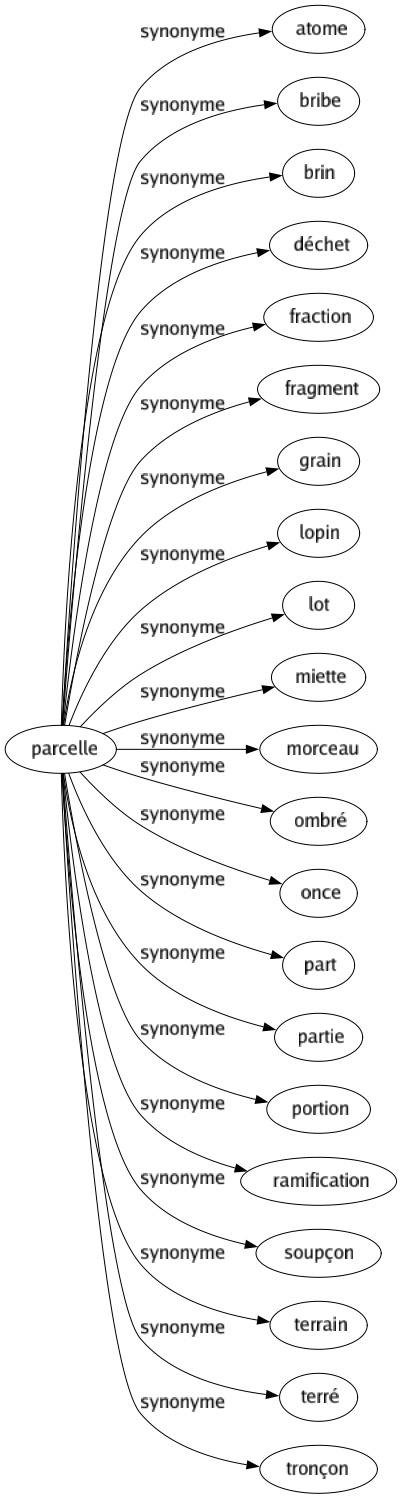 Synonyme de Parcelle : Atome Bribe Brin Déchet Fraction Fragment Grain Lopin Lot Miette Morceau Ombré Once Part Partie Portion Ramification Soupçon Terrain Terré Tronçon 